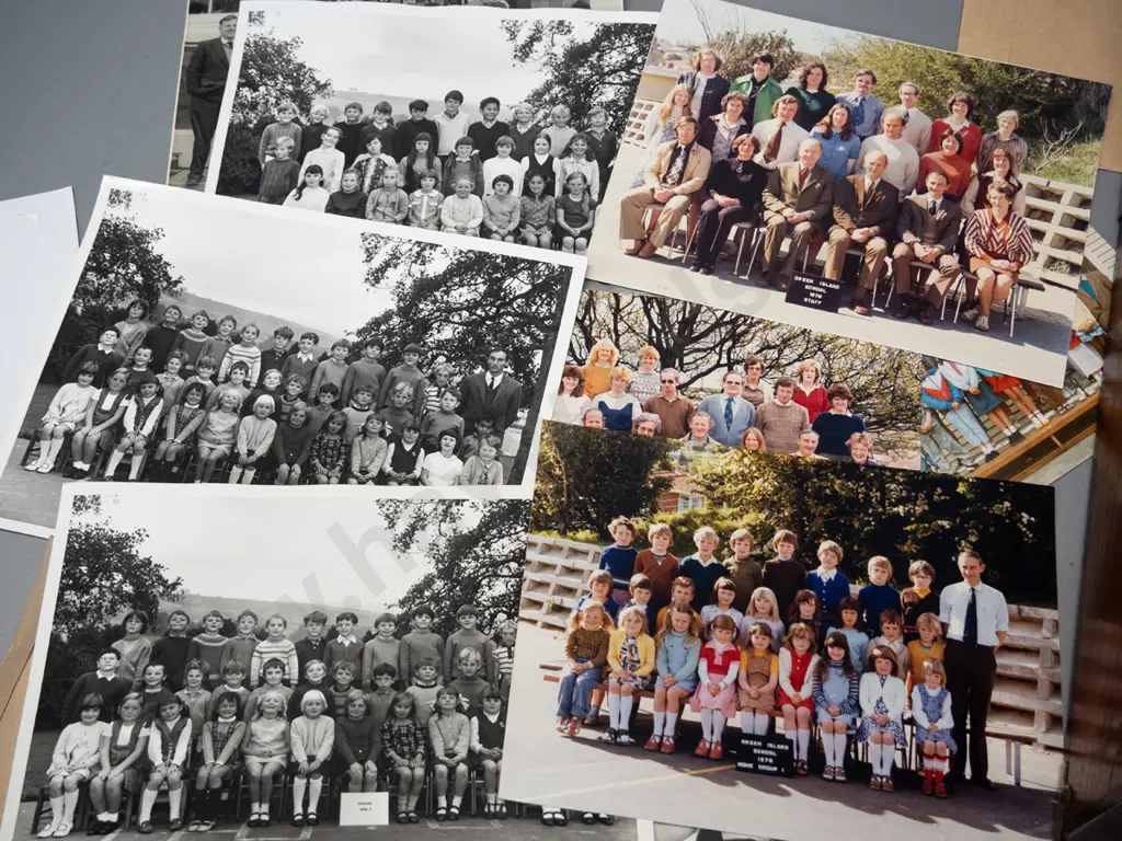 timber box containing numerous photographs incl. 1967 Dunback School Jubilee panorama, various school photos from Green Image 1++