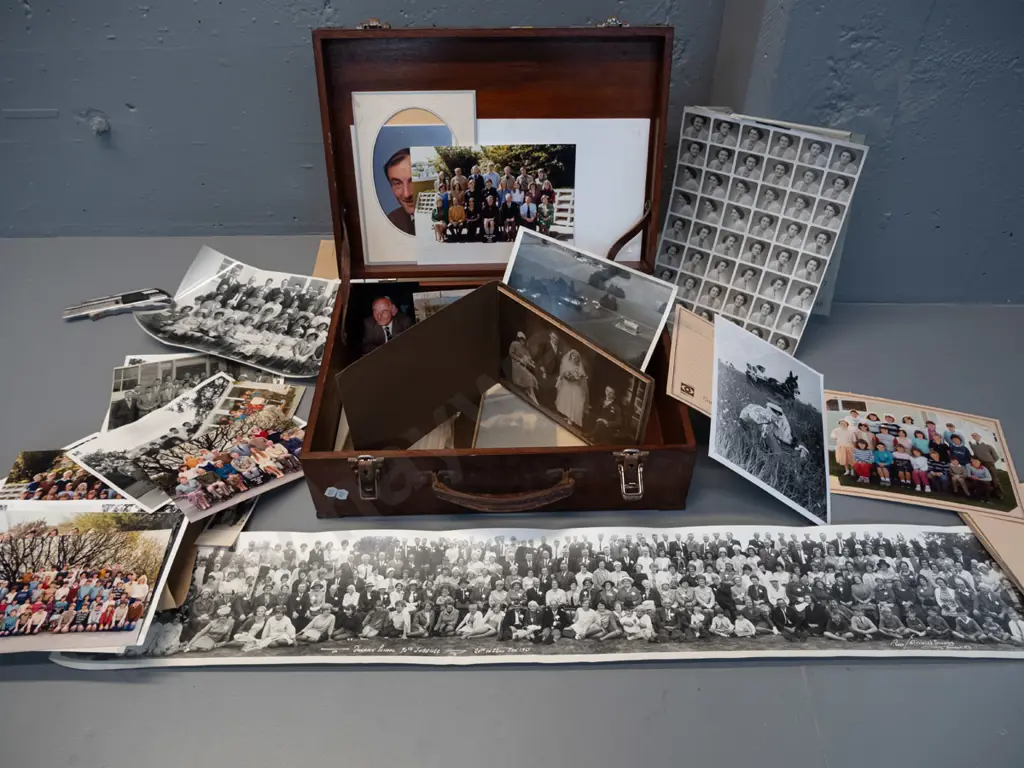 timber box containing numerous photographs incl. 1967 Dunback School Jubilee panorama, various school photos from Green Image 1++
