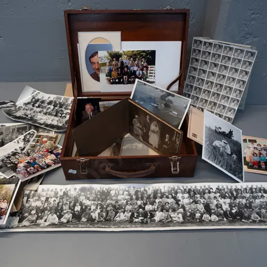 timber box containing numerous photographs incl. 1967 Dunback School Jubilee panorama, various school photos from Green