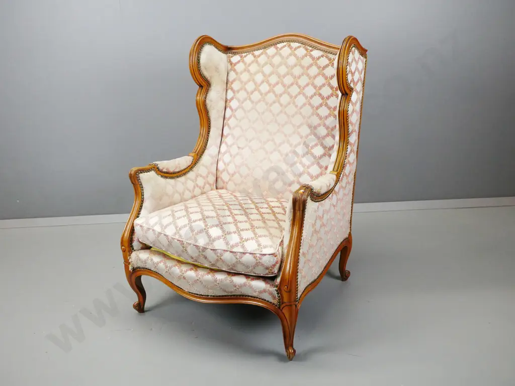 restorer's 19th century French cab-leg wingback chair with patterned upholstery & brass studding - cat damage to sides Image 1++