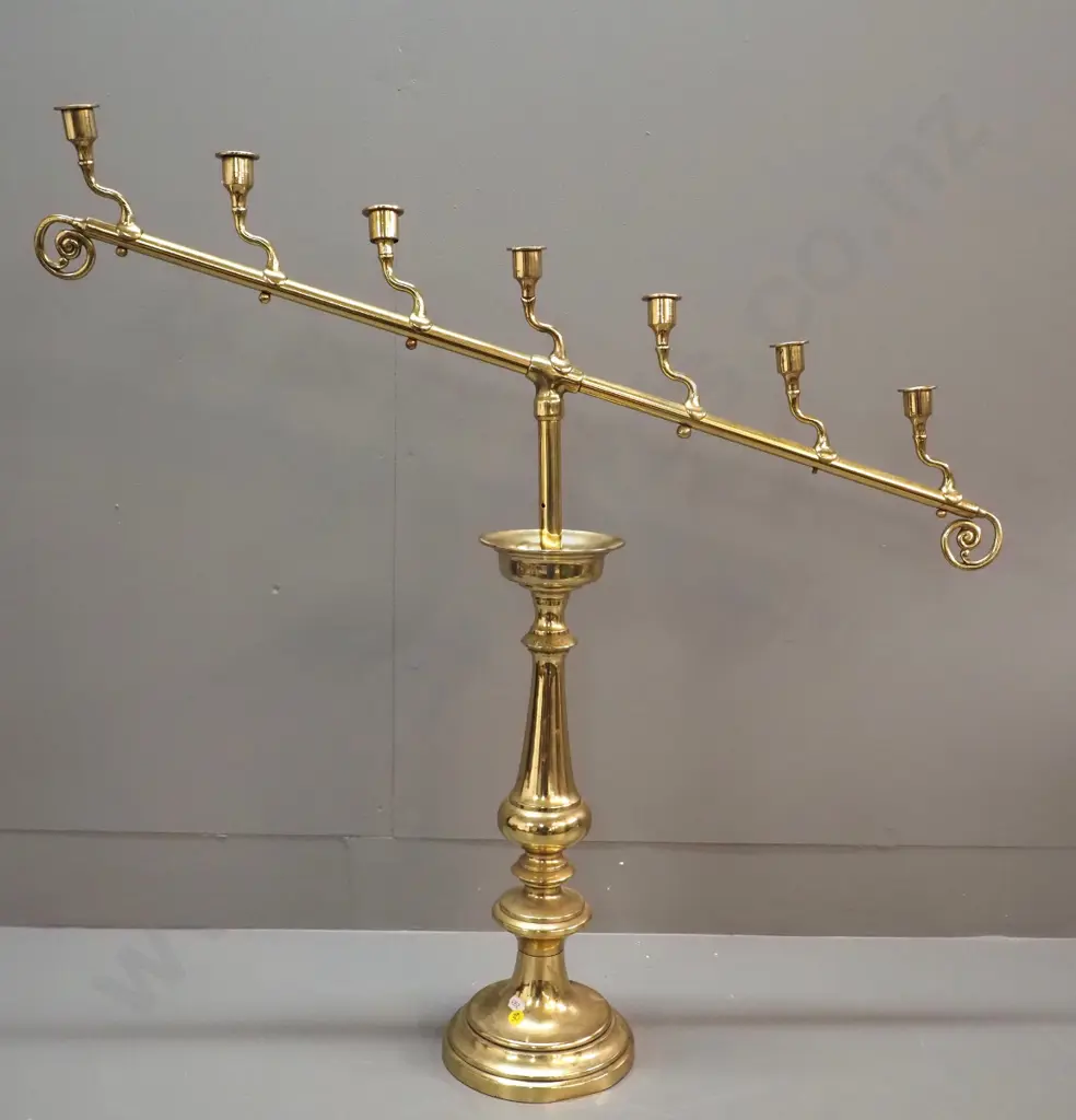 brass 7-candle candelabrum H-800 W-820 - dent to base, a missing fixing ball, one holder bent Image 1++