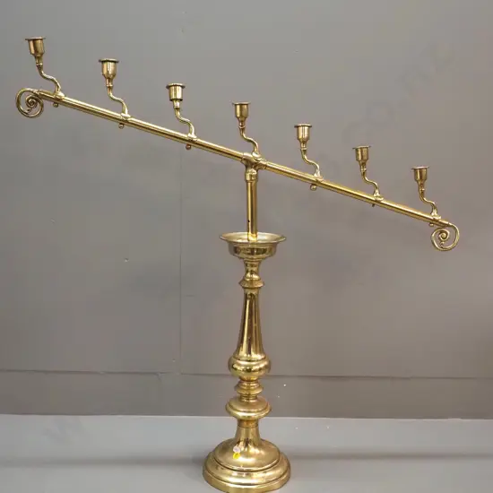 brass 7-candle candelabrum H-800 W-820 - dent to base, a missing fixing ball, one holder bent
