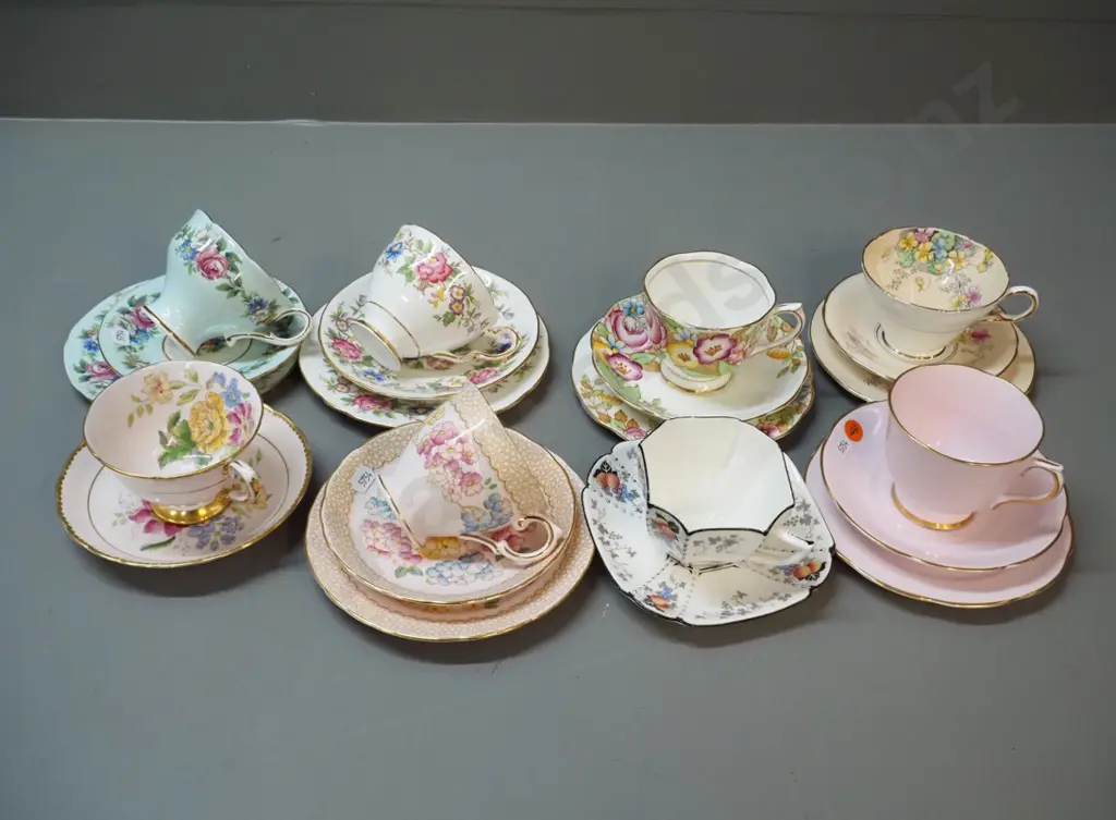 6 English trios and 2 cups & saucers - Royal Albert, Shelley, Paragon, Coalport etc. Image 1++