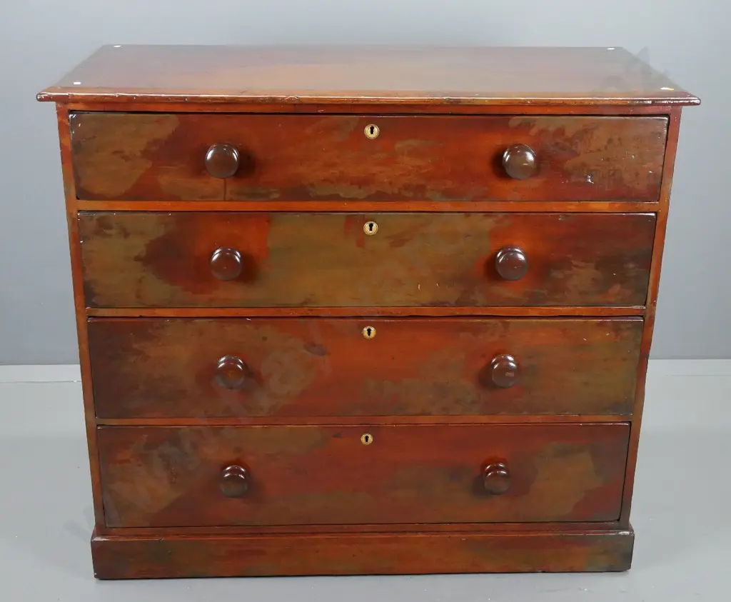 Victorian Baltic pine 4-drawer chest with turned timber knobs, round key escutcheons, on plinth base - discolouration to Image 1++