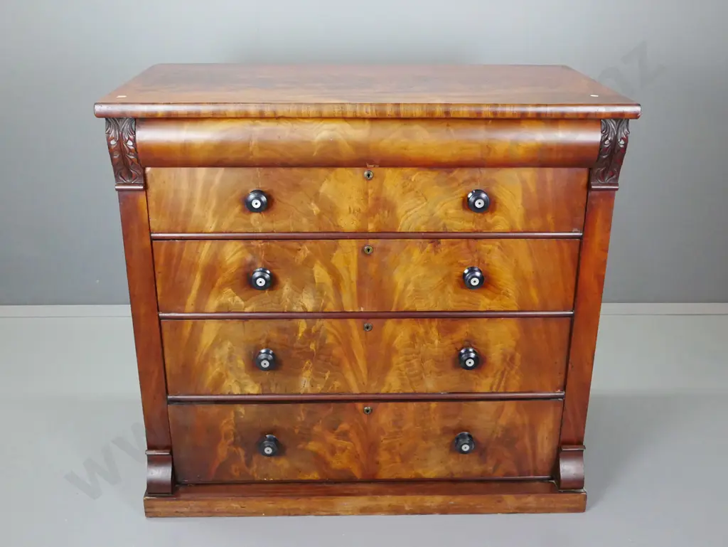 Victorian mahogany 5-drawer with shaped top drawer, flame mahogany fronts, turned knobs with mother of pearl Image 1++