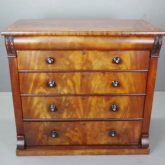 Victorian mahogany 5-drawer with shaped top drawer, flame mahogany fronts, turned knobs with mother of pearl