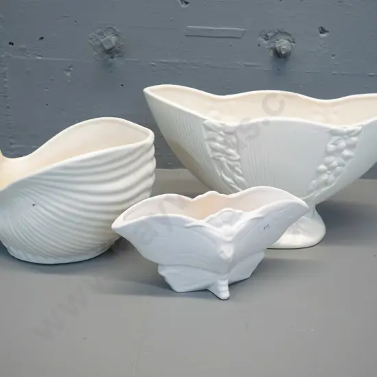 3 vases - Crown Lynn 553 trough H160 L310, Crown Lynn 135 shell shaped, and small vase, Crown Lynn shape,