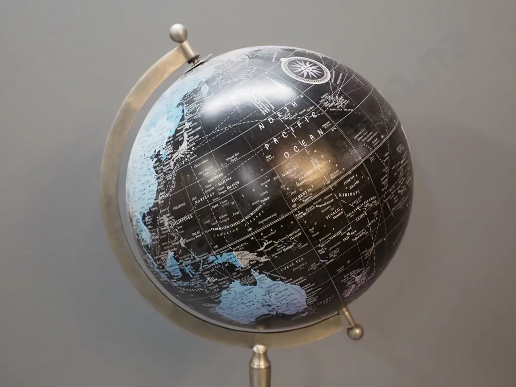black and purple world globe on metal tripod stand - marked Govt. of Indian Copyright 2008. H-720 Diameter 330 Image 1++