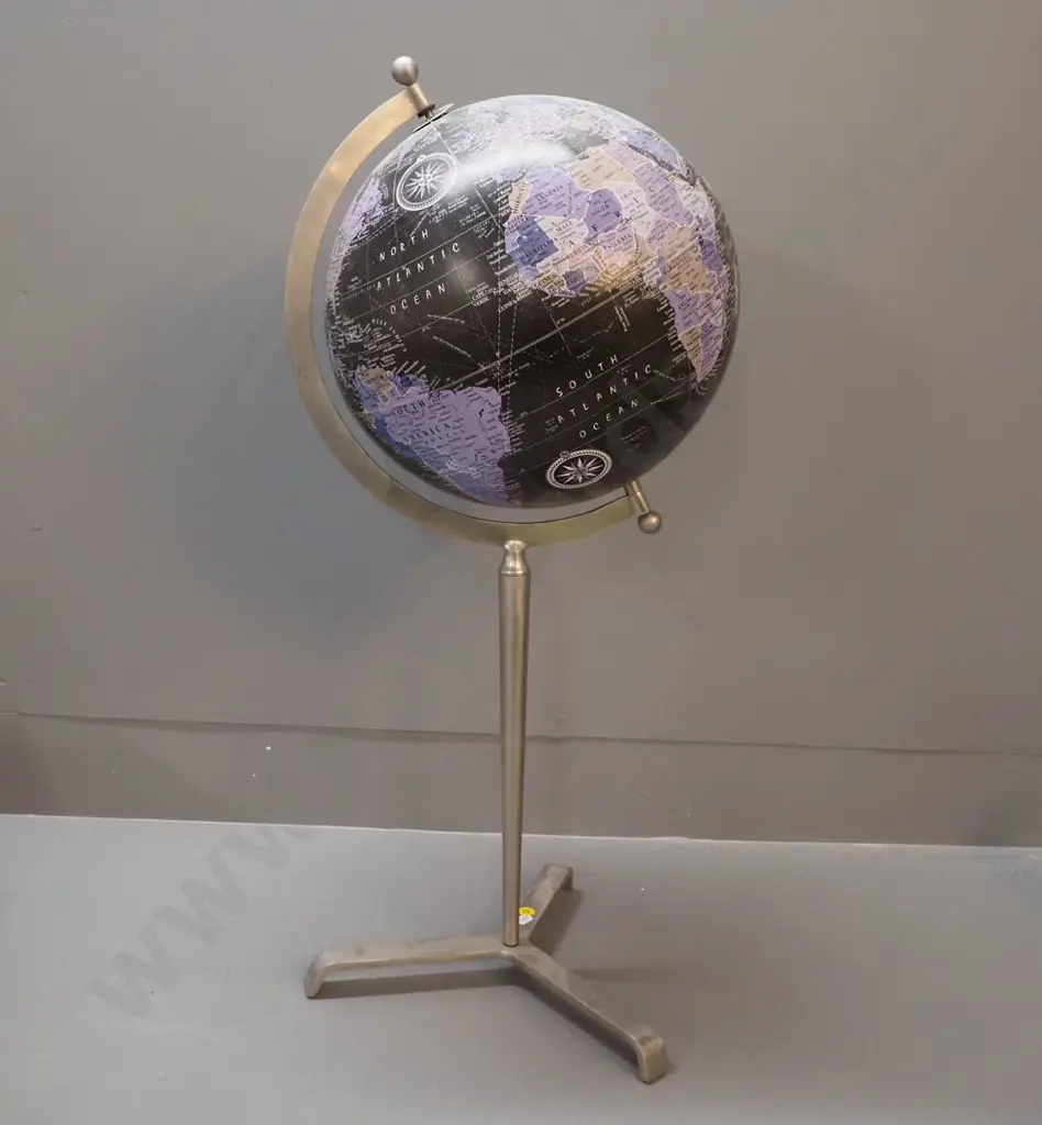 black and purple world globe on metal tripod stand - marked Govt. of Indian Copyright 2008. H-720 Diameter 330 Image 1++