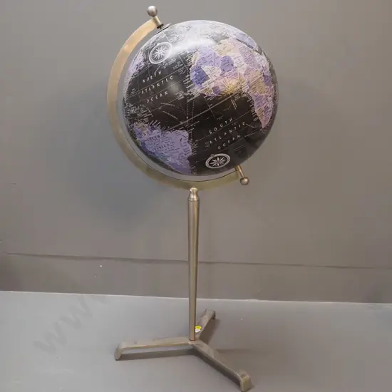 black and purple world globe on metal tripod stand - marked Govt. of Indian Copyright 2008. H-720 Diameter 330