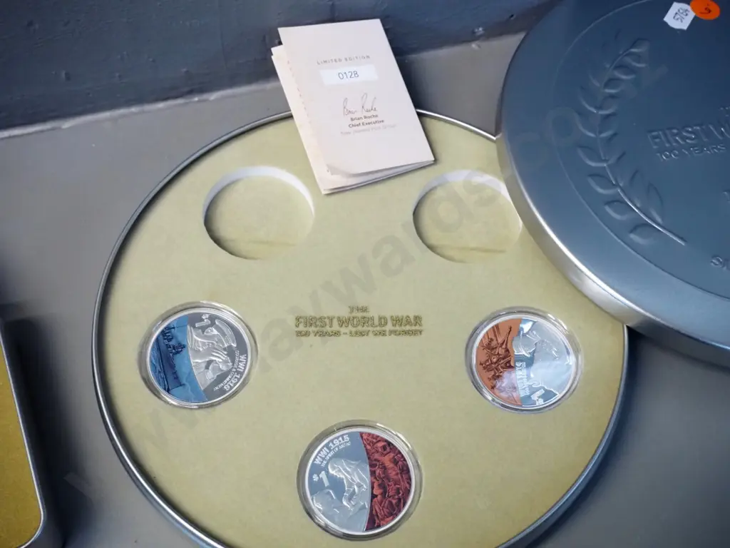 New Zealand Anzac 100 Years coin sets in tins - silver proof dollar and part set of 5 silver dollars, missing 1917 & 18 Image 1++