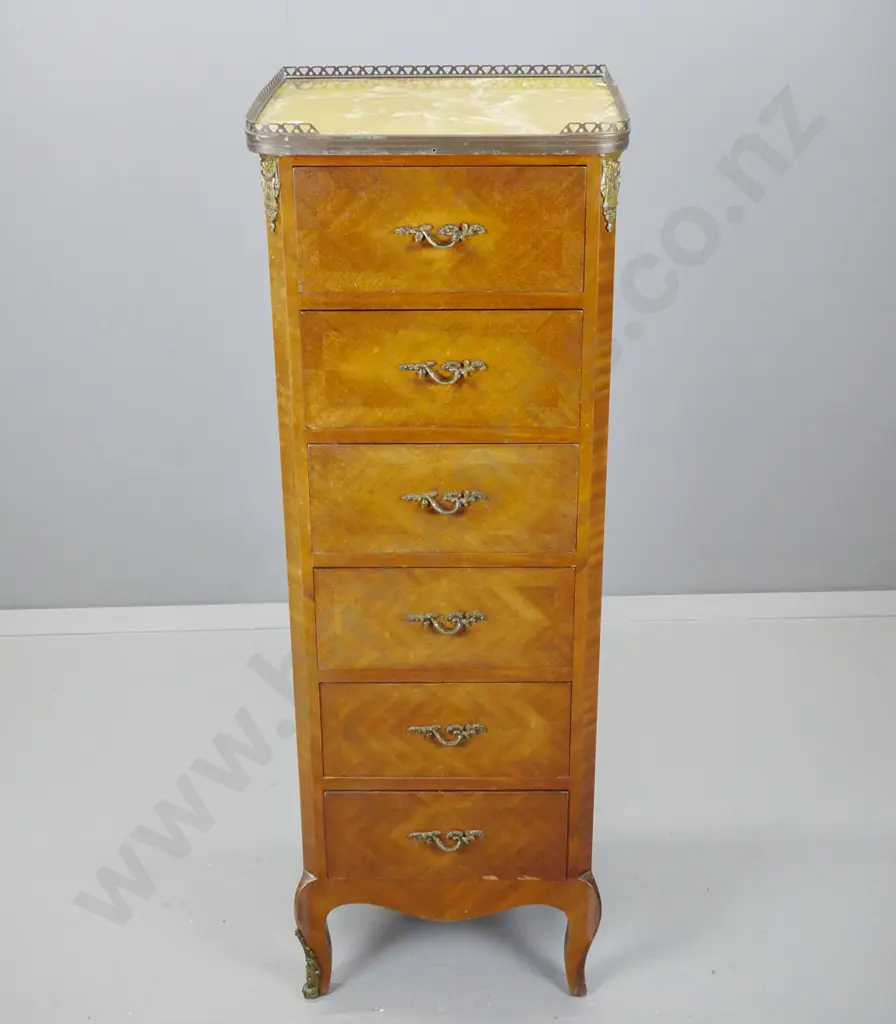 vintage French mahogany 6-drawer Wellington chest w/composite or stone top, pierced brass gallery, parquetry detail, Image 1++