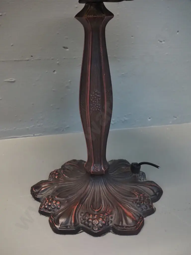 reproduction Tiffany style leadlight table lamp - floral motif shade, cast metal base. Cord has been cut, needs rewiring Image 1++