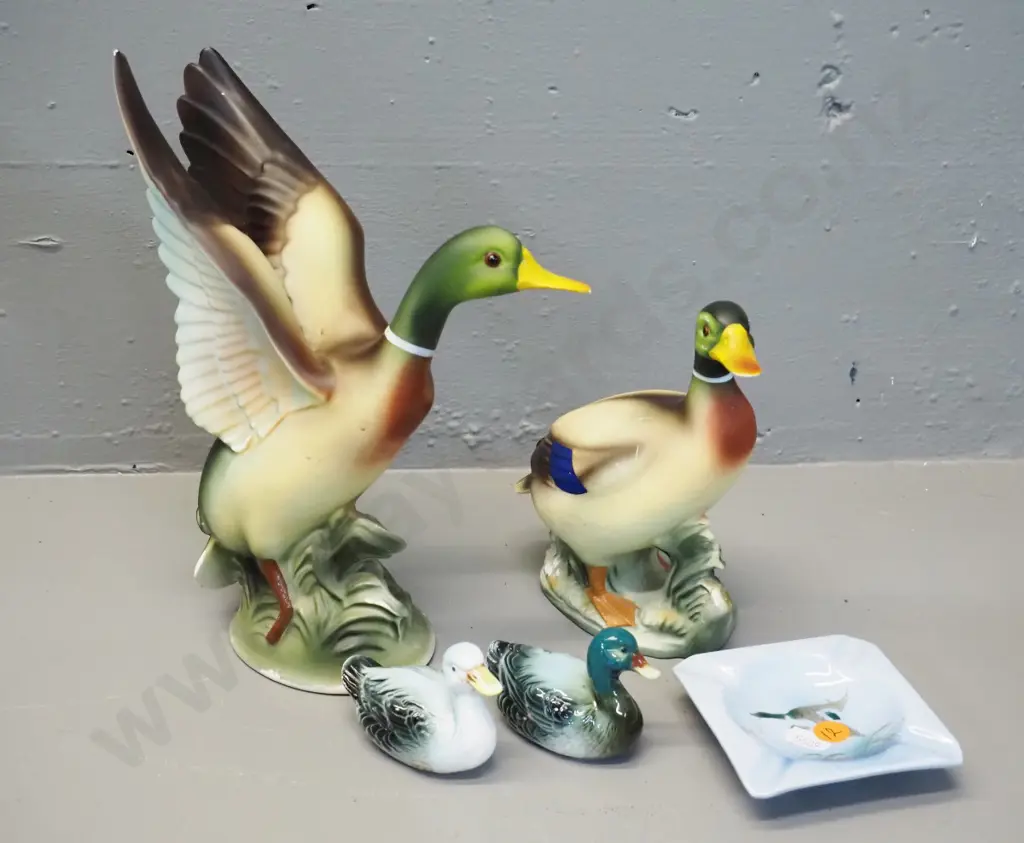 2 matte glaze duck figurines, no maker's marks, larger is H-230, duck salt & pepper & small Falcon ware ashtray. Some Image 1++