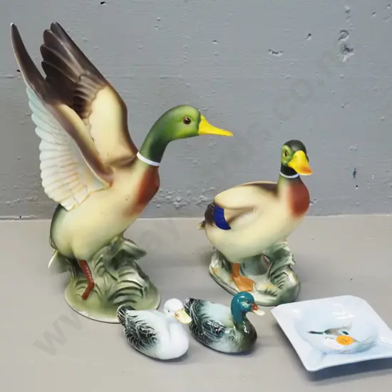 2 matte glaze duck figurines, no maker's marks, larger is H-230, duck salt & pepper & small Falcon ware ashtray. Some