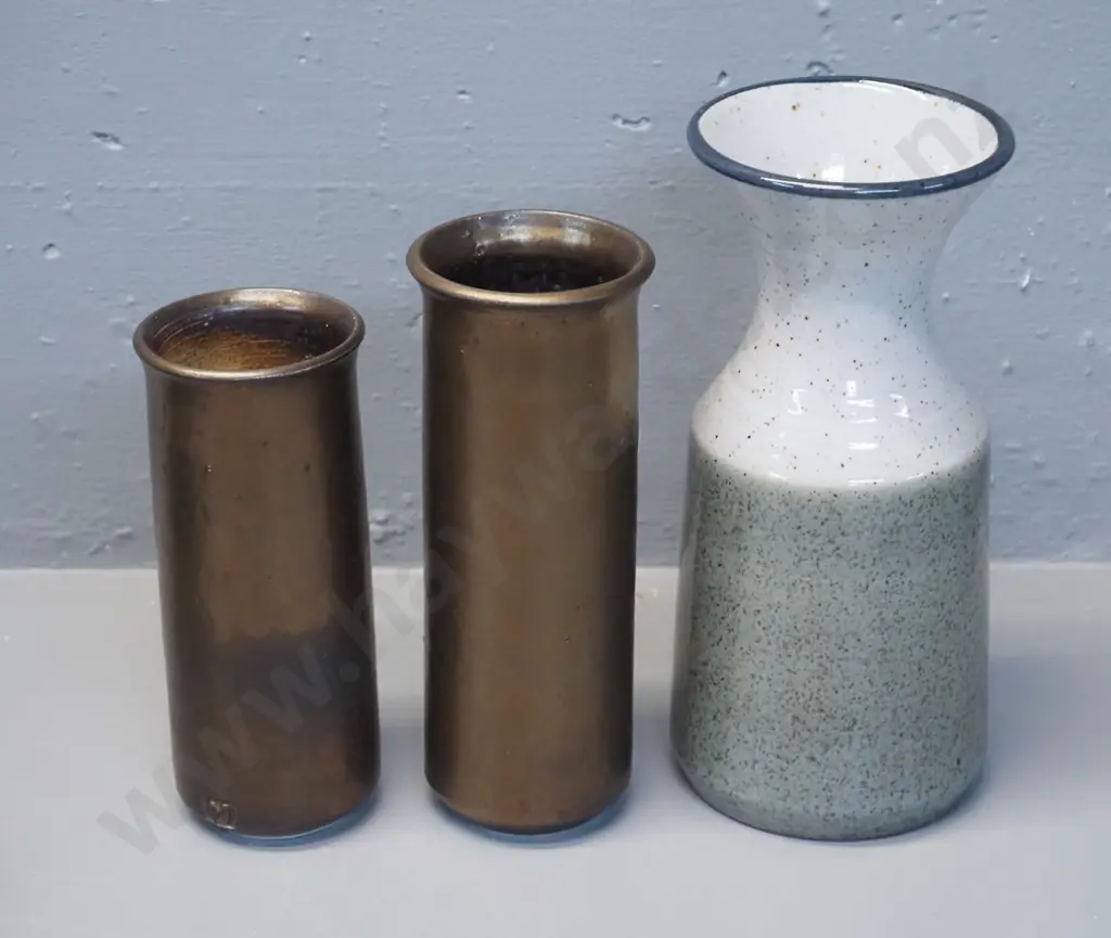 2 Danny Moorwood bronze metallic glaze vases and a 1960s Purbeck pottery vase H-240 Image 1++