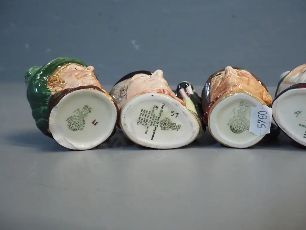 6 miniature Royal Doulton character jugs - Walrus & Carpenter, Don Quixote H-65, Sancho Panza, Fat Boy etc - 1 has chip Image 1++