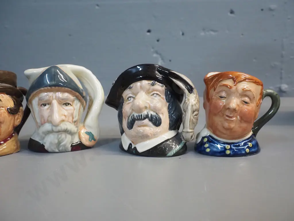 6 miniature Royal Doulton character jugs - Walrus & Carpenter, Don Quixote H-65, Sancho Panza, Fat Boy etc - 1 has chip Image 1++