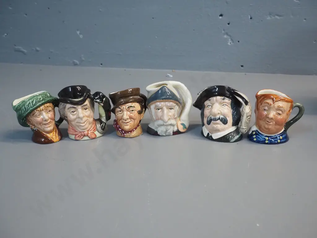 6 miniature Royal Doulton character jugs - Walrus & Carpenter, Don Quixote H-65, Sancho Panza, Fat Boy etc - 1 has chip Image 1++