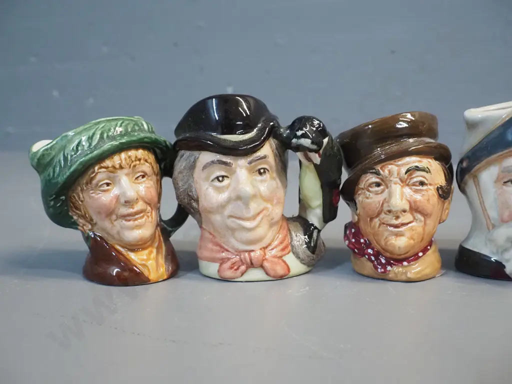 6 miniature Royal Doulton character jugs - Walrus & Carpenter, Don Quixote H-65, Sancho Panza, Fat Boy etc - 1 has chip Image 1++