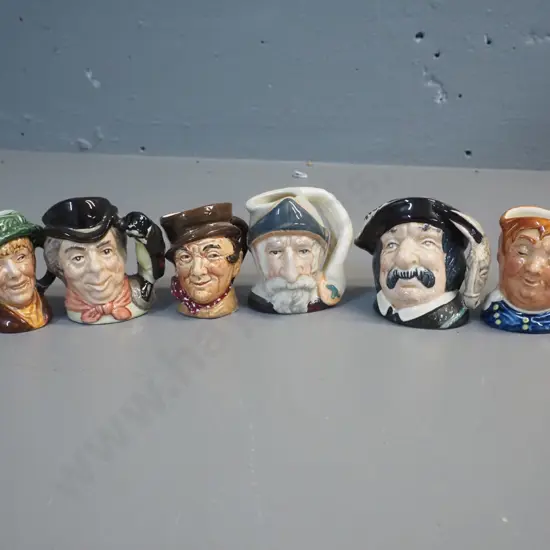 6 miniature Royal Doulton character jugs - Walrus & Carpenter, Don Quixote H-65, Sancho Panza, Fat Boy etc - 1 has chip