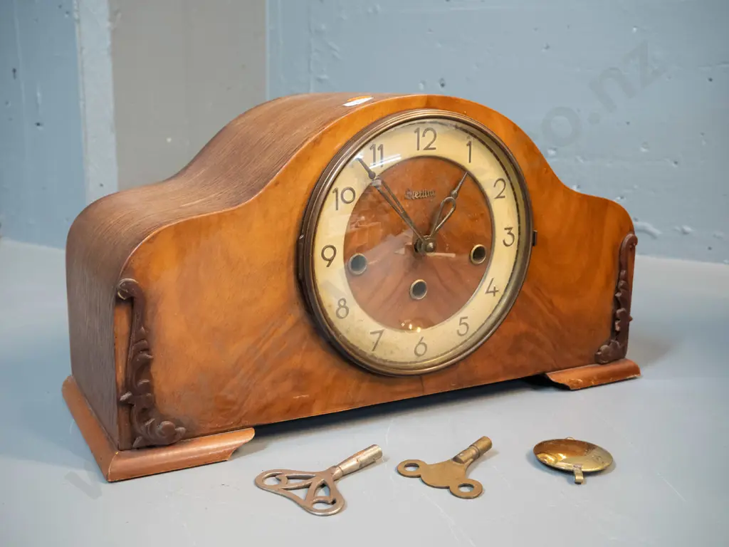 deco 'Sterling' mixed timber chiming mantel clock with pendulum & 2 keys - some marks to polish H200 W370 D140 Image 1++