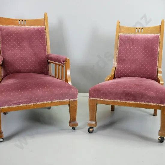 Edwardian oak lady's and gent's chairs on square tapered legs, purple velvet, mismatched casters - wear to surface.
