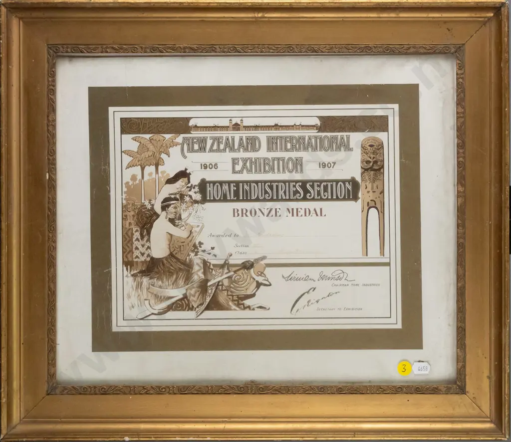 framed New Zealand International Exhibition 1906-7 Home Industry section bronze medal award. Image 1++