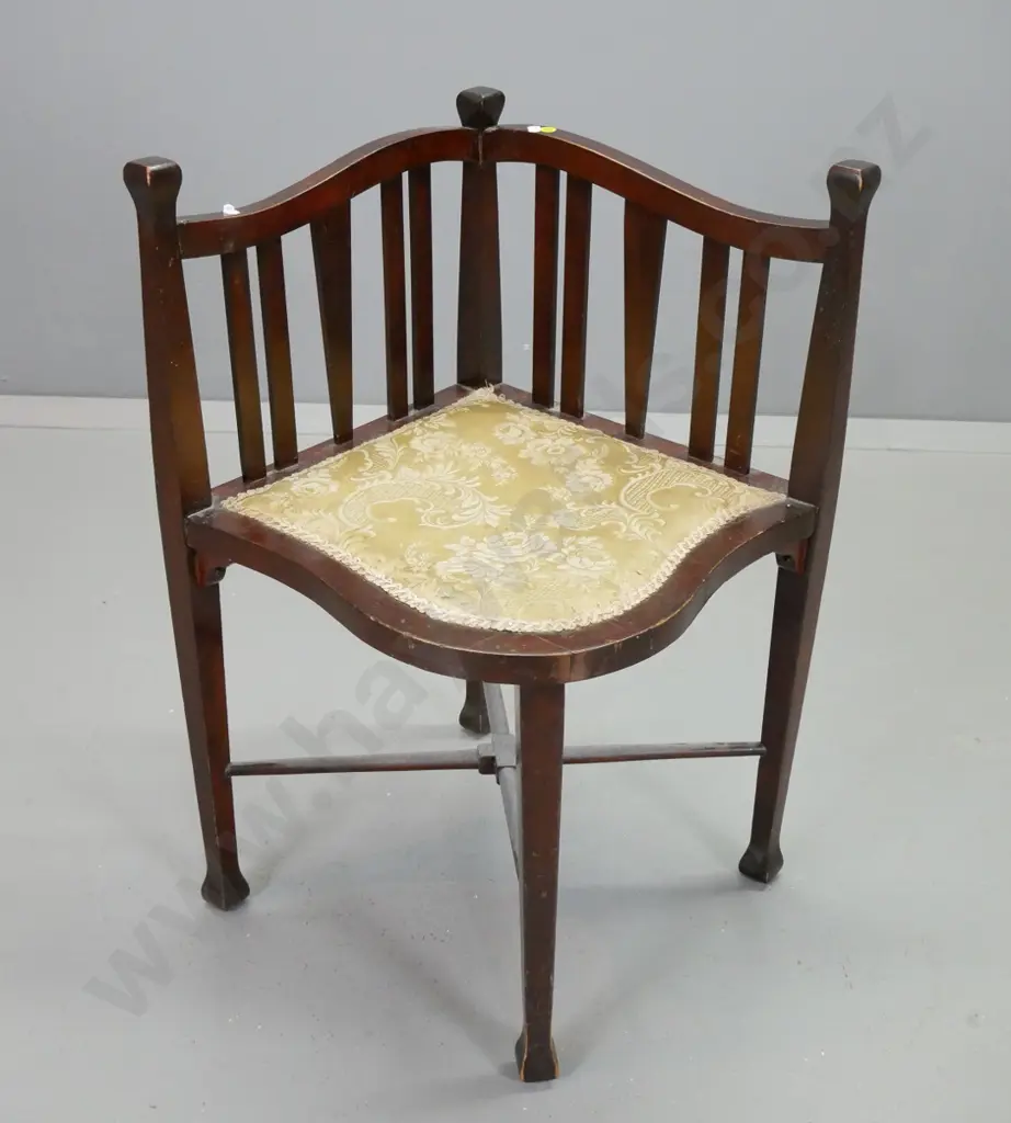 vintage beech slat-back corner chair with upholstered seat, x-frame stretcher base - wear to fabric H-720 W-600 D-520 Image 1++