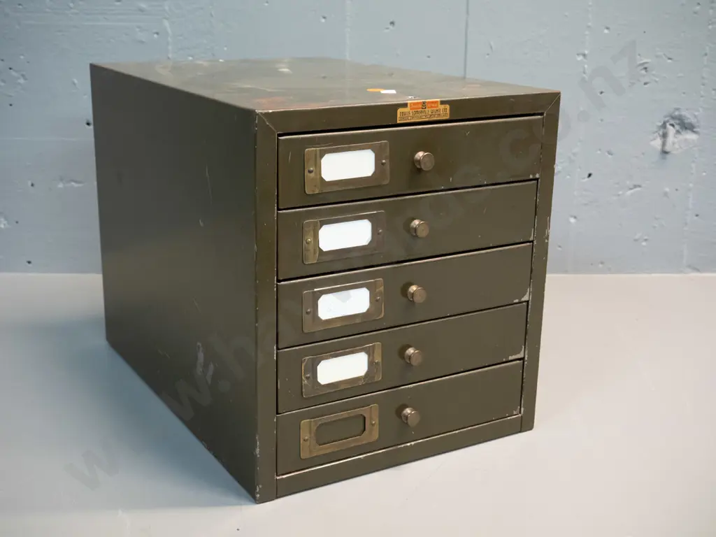 vintage metal 5-drawer file cabinet with brass knobs and label holders, Coulls Somerville Wilkie Ltd label. H-280 W-260 Image 1++