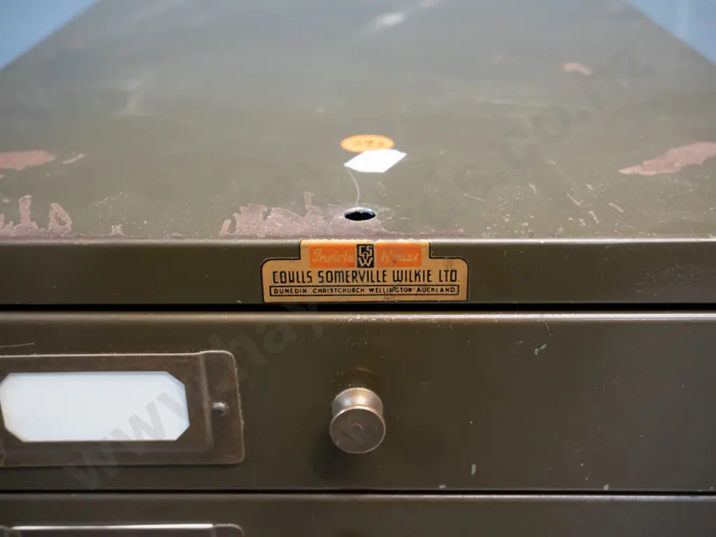 vintage metal 5-drawer file cabinet with brass knobs and label holders, Coulls Somerville Wilkie Ltd label. H-280 W-260 Image 1++