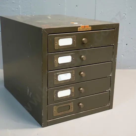 vintage metal 5-drawer file cabinet with brass knobs and label holders, Coulls Somerville Wilkie Ltd label. H-280 W-260