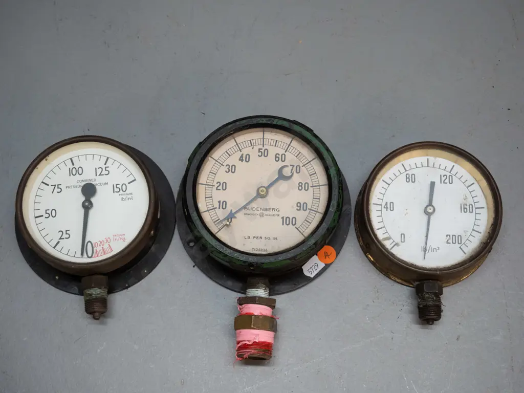 3 pressure gauges - largest is marked Budenberg Broadheath Manchester D-140 Image 1++