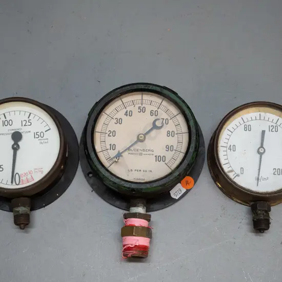 3 pressure gauges - largest is marked Budenberg Broadheath Manchester D-140