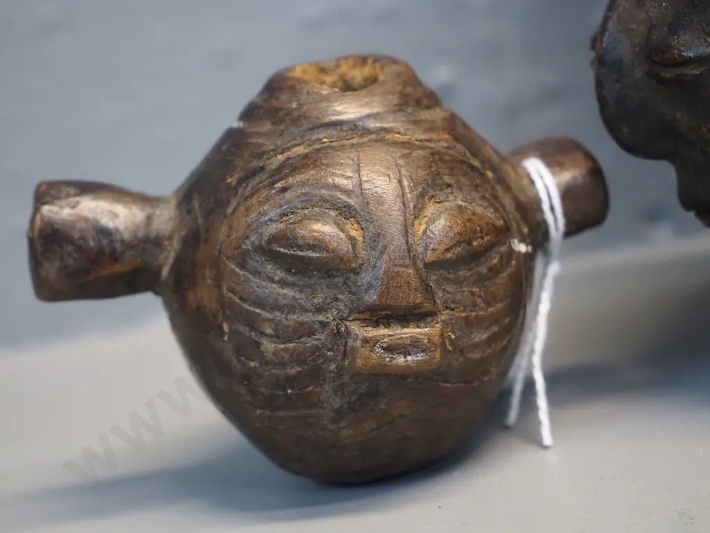 2 African items - small carved Songe pipe L90 and Mangbetu gourd fashioned pipe with inset decoration L230 W140 Image 1++