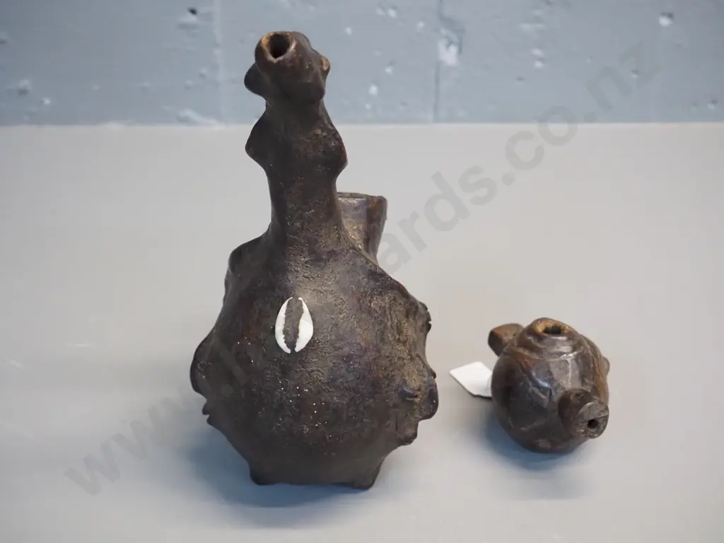 2 African items - small carved Songe pipe L90 and Mangbetu gourd fashioned pipe with inset decoration L230 W140 Image 1++