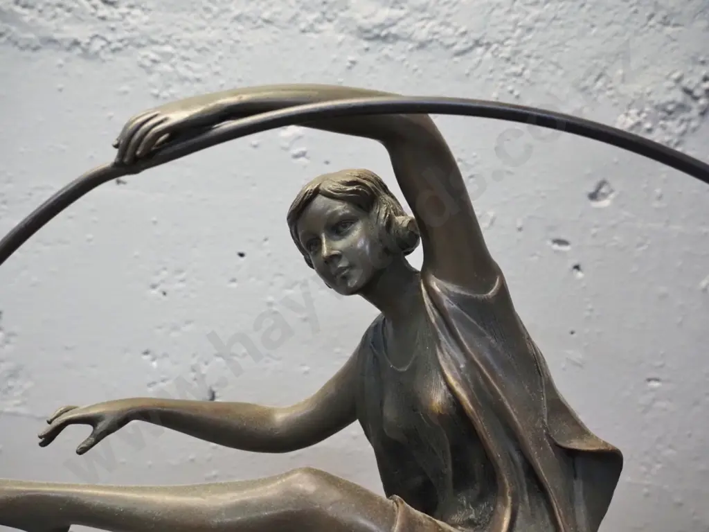deco style cast bronze figure - dancing woman with hoop, on marble base - marked "Godard" H-460 Hoop D-360 Image 1++