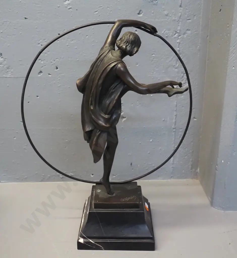 deco style cast bronze figure - dancing woman with hoop, on marble base - marked "Godard" H-460 Hoop D-360 Image 1++
