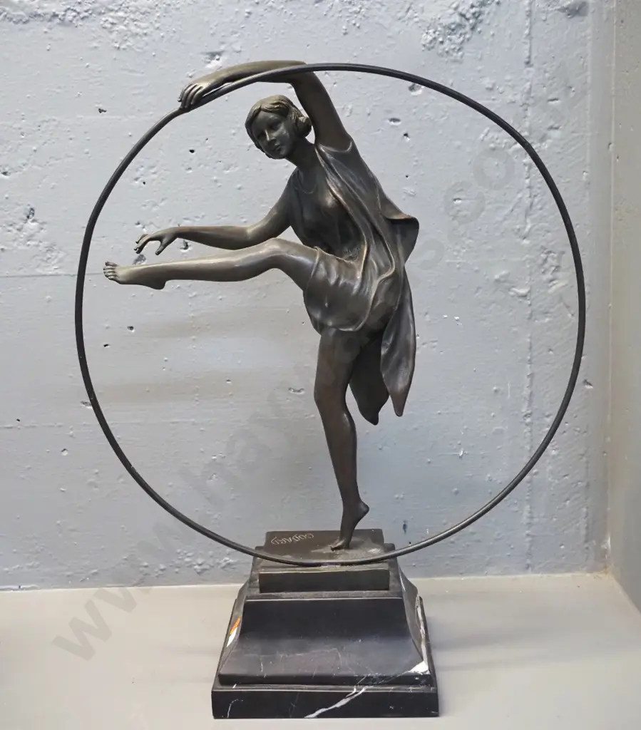 deco style cast bronze figure - dancing woman with hoop, on marble base - marked "Godard" H-460 Hoop D-360 Image 1++