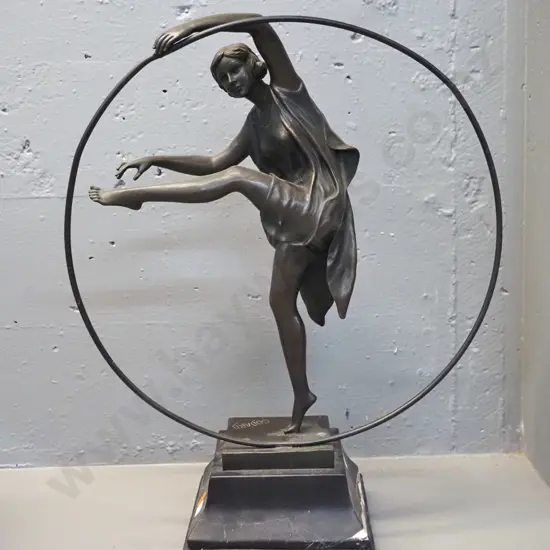 deco style cast bronze figure - dancing woman with hoop, on marble base - marked "Godard" H-460 Hoop D-360