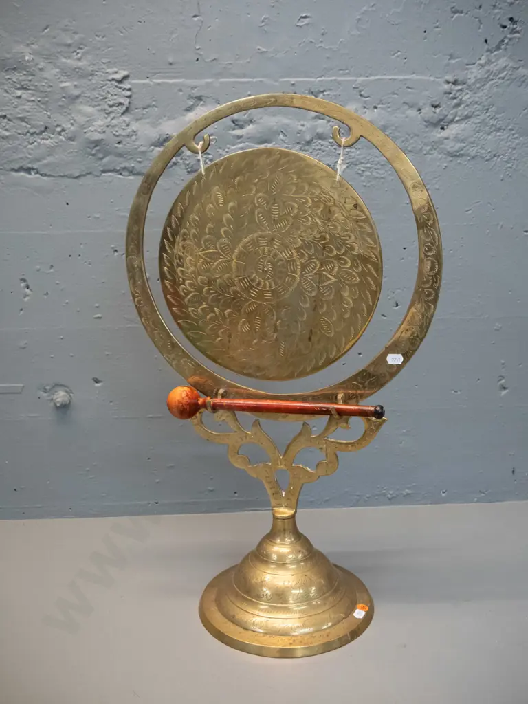 etched brass flat gong on stand with timber striker H-610 W-370 Gong D-260 Image 1++