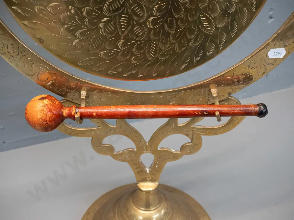 etched brass flat gong on stand with timber striker H-610 W-370 Gong D-260 Image 1++