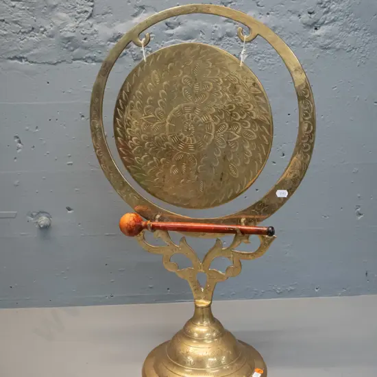 etched brass flat gong on stand with timber striker H-610 W-370 Gong D-260