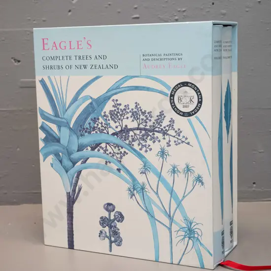slip-cased 2 volume set - (Audrey) Eagle's Complete Trees & Shrubs of New Zealand - 2006 Te Papa Press. Some fading,