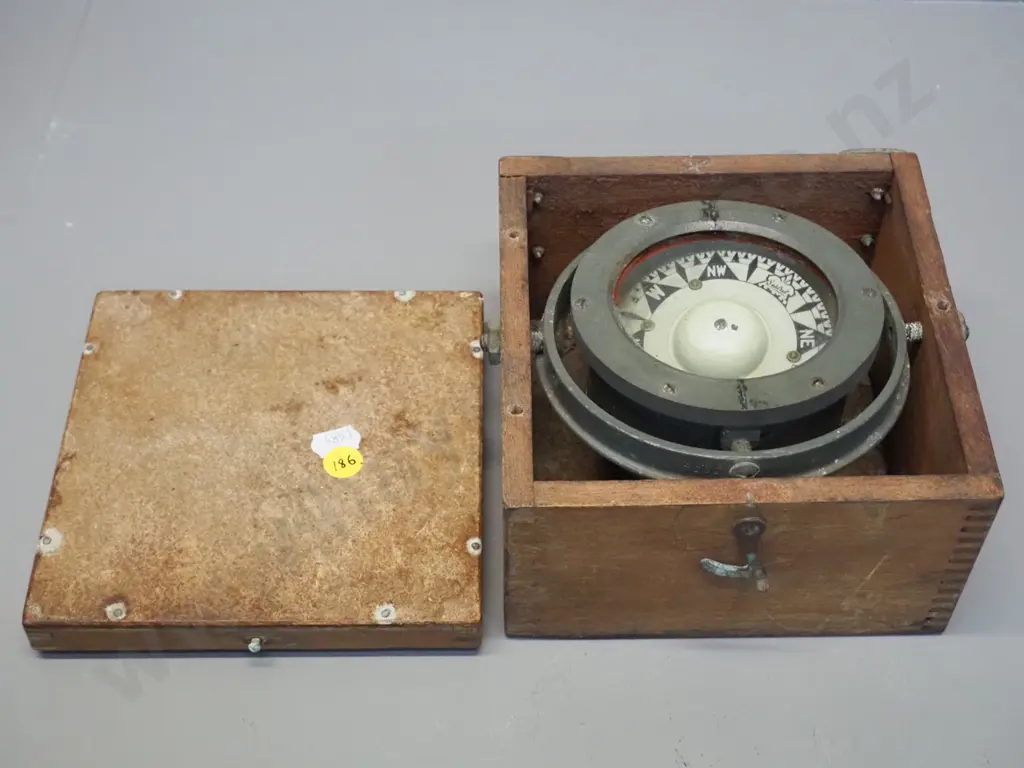 Sestrel ship's gimbal-mount compass in timber case. Some corrosion, gimbal slightly stiff H105 W155 D155 Image 1++