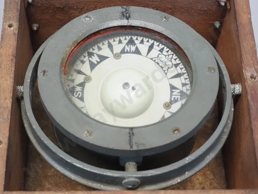 Sestrel ship's gimbal-mount compass in timber case. Some corrosion, gimbal slightly stiff H105 W155 D155 Image 1++