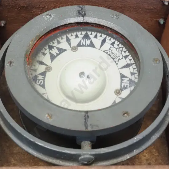 Sestrel ship's gimbal-mount compass in timber case. Some corrosion, gimbal slightly stiff H105 W155 D155