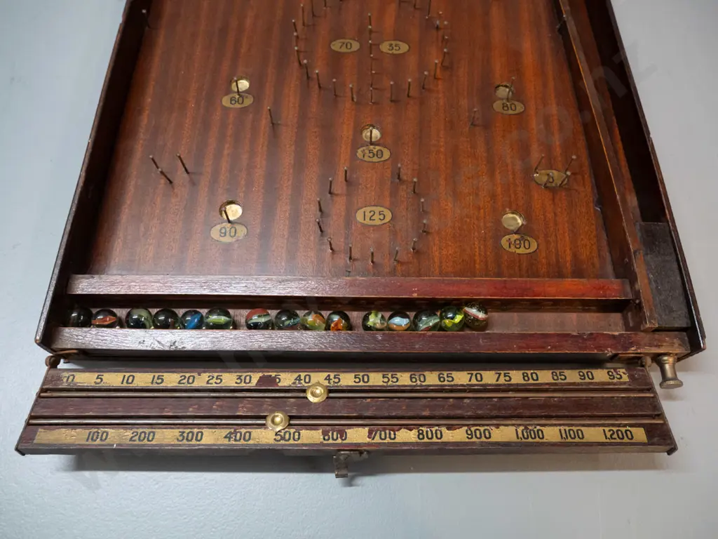 vintage Amersham Scora bagatelle game with brass fittings, incl. glass marbles L-750 W-390 - some decals worn Image 1++