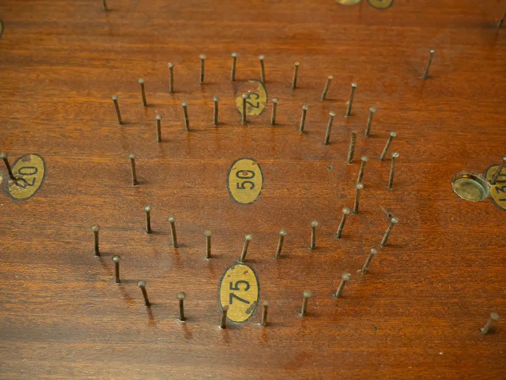 vintage Amersham Scora bagatelle game with brass fittings, incl. glass marbles L-750 W-390 - some decals worn Image 1++