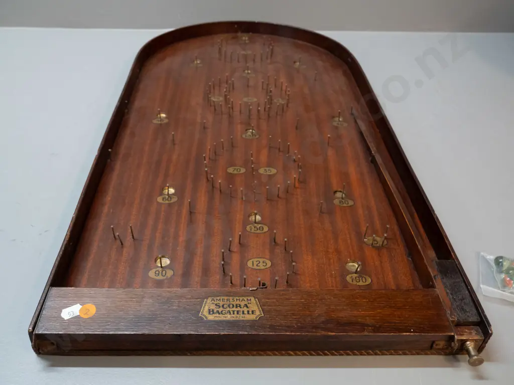 vintage Amersham Scora bagatelle game with brass fittings, incl. glass marbles L-750 W-390 - some decals worn Image 1++